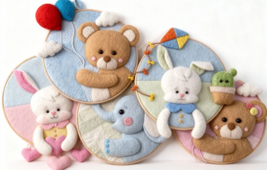 Cinco bastidores circulares de madeira dispostos de forma simétrica. Eles contêm figuras infantis feitas de feltro colorido, representando ursos, coelhos e um elefante, sobre um fundo branco.