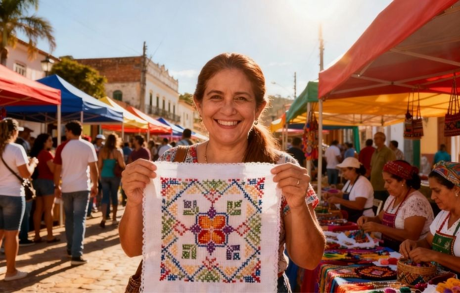 Uma mulher sorridente segura um pano branco com um bordado geométrico colorido em ponto cruz em meio a uma feira de artesanato ao ar livre.