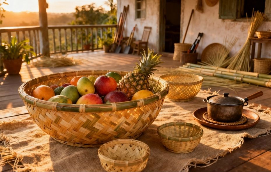 Cesto de palha trançado manualmente, preenchido com frutas tropicais, sobre mesa de madeira em varanda de fazenda colonial ao entardecer.