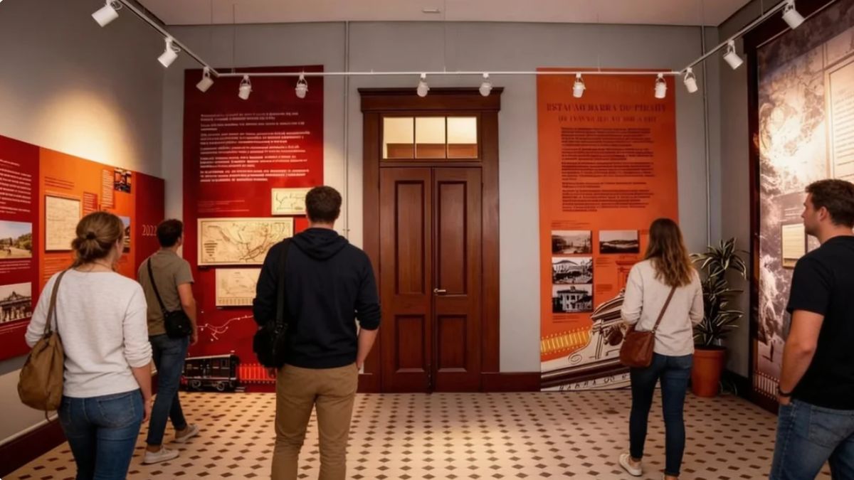 Fotografia colorida de pessoas de costas observando painéis informativos vermelhos e laranjas em uma sala de museu com piso de ladrilhos.