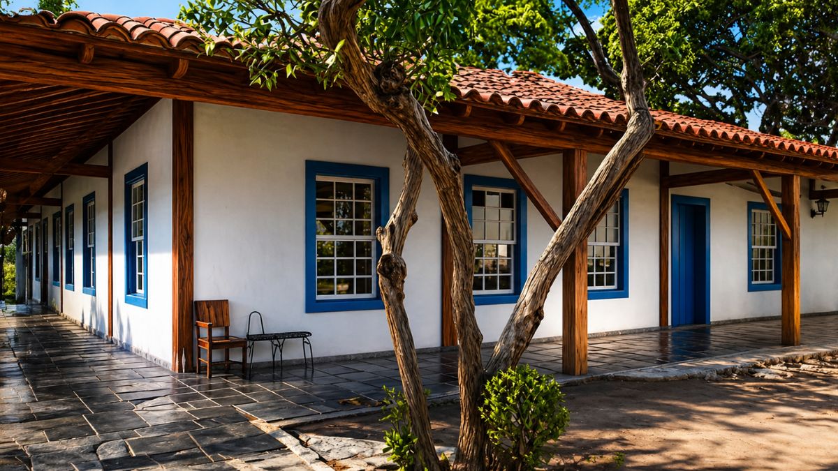 Fotografia da fachada de uma casa colonial branca com detalhes em azul e varanda de madeira, sob luz solar, com árvores ao redor e uma placa de bronze afixada na parede.