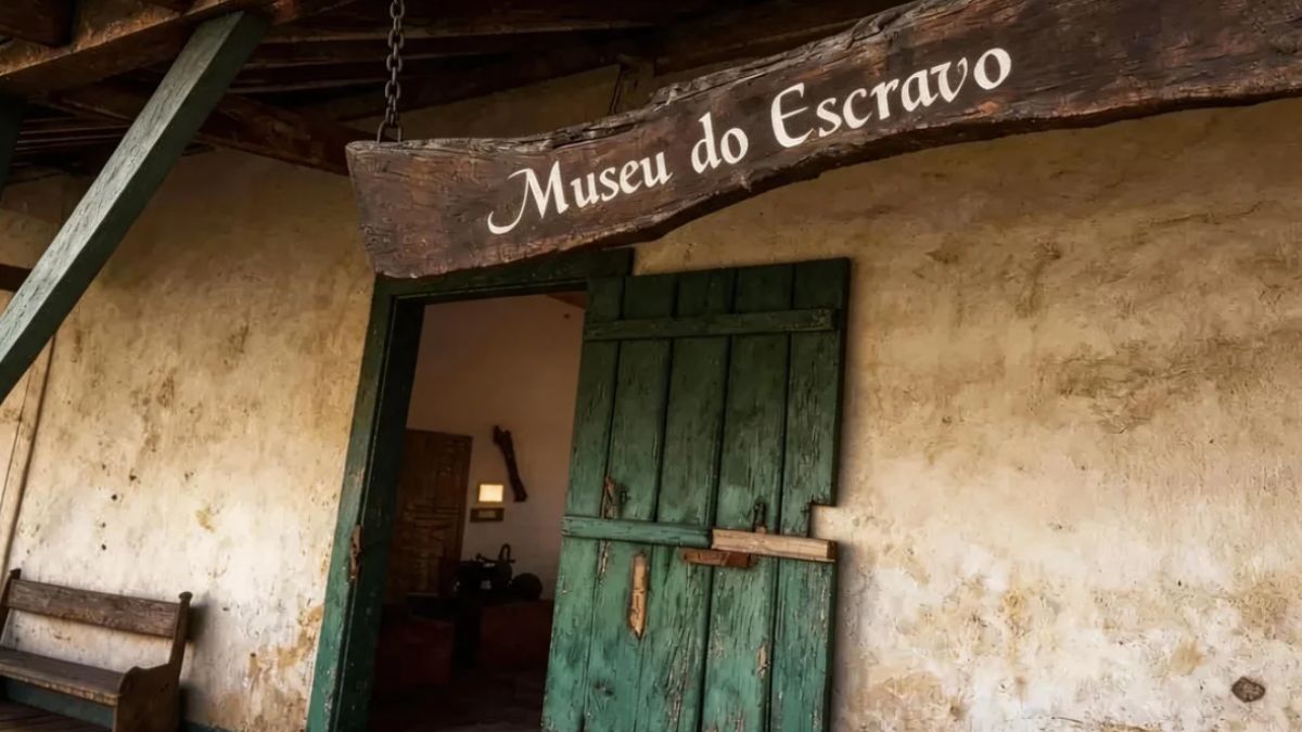 Fotografia em ângulo baixo da entrada do Museu do Escravo com placa de madeira rústica e porta de madeira verde.
