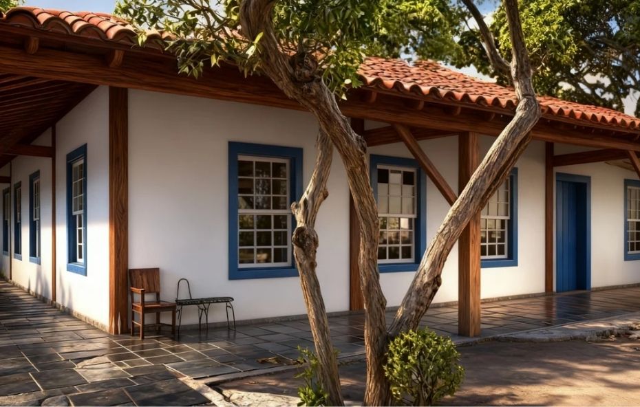 Fotografia da fachada de um prédio histórico com arquitetura colonial, apresentando janelas azuis, paredes brancas e varanda com colunas de madeira em Barra do Piraí.