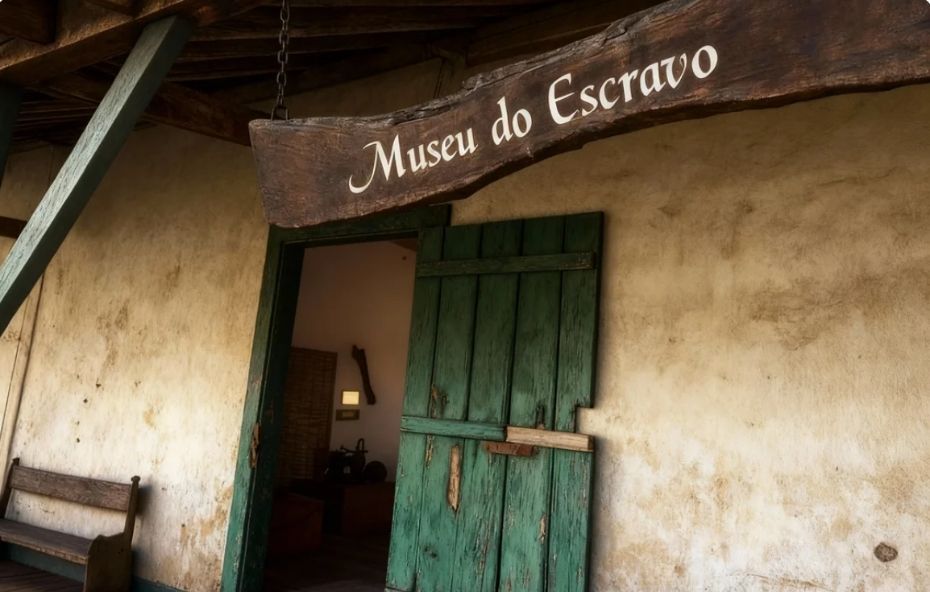 Fotografia da entrada do Museu do Escravo com uma placa de madeira suspensa por correntes exibindo o nome da instituição em letras brancas cursivas sobre uma parede rústica clara e uma porta verde entreaberta.