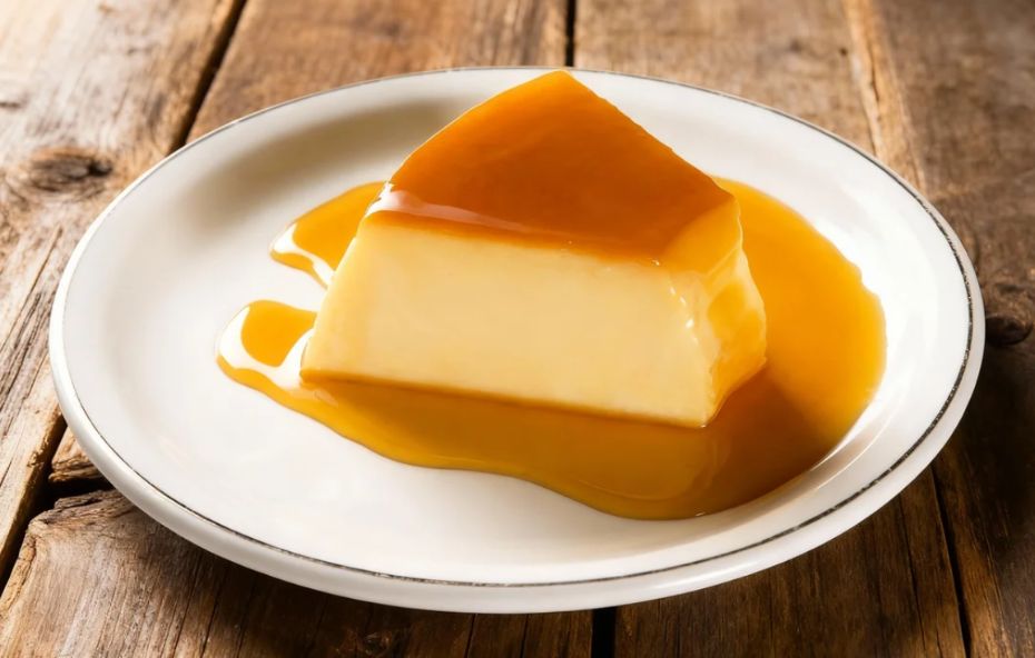 Fatia triangular de pudim de leite condensado com textura lisa e cobertura de calda de caramelo brilhante, servida em um prato branco sobre uma mesa de madeira rústica.