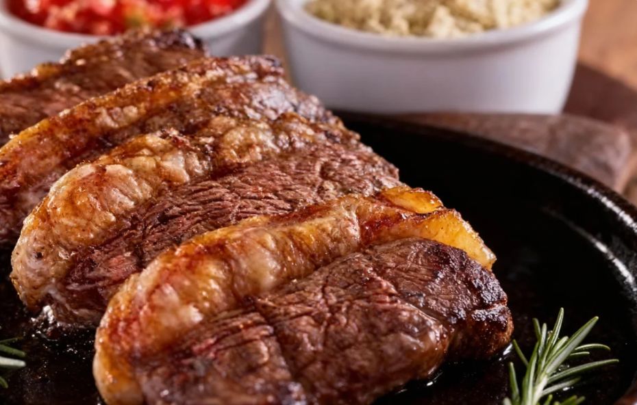 Quatro fatias suculentas de picanha grelhada com capa de gordura dourada em primeiro plano, servidas em uma chapa de ferro com tigelas de vinagrete e farofa ao fundo.