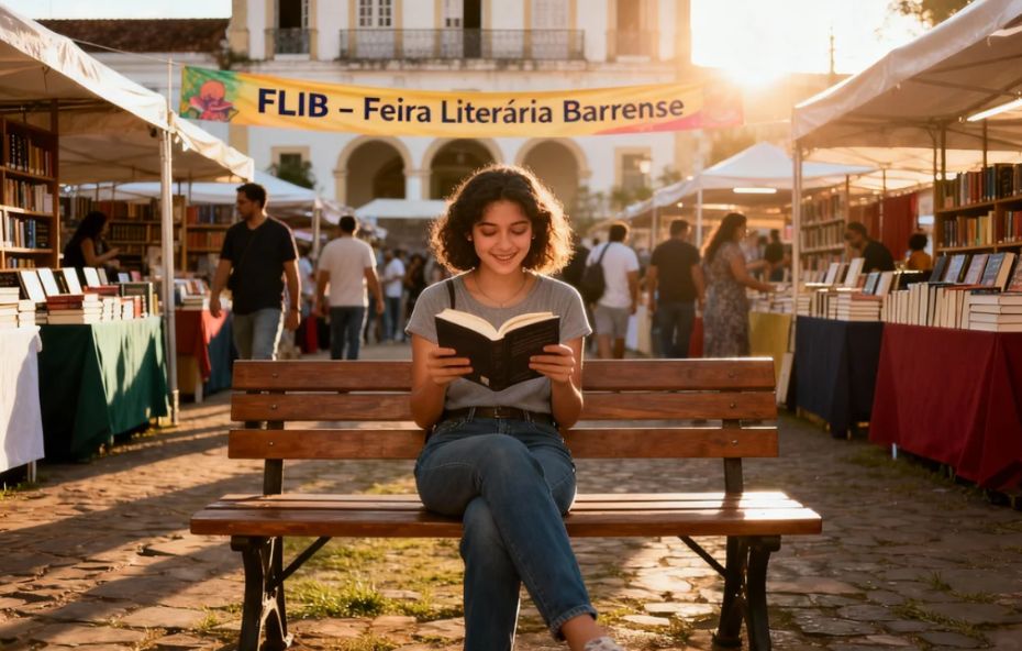 Uma jovem de cabelos cacheados sentada em um banco de madeira no centro de uma feira de livros ao ar livre lendo atentamente um exemplar enquanto o sol da tarde ilumina o ambiente e uma faixa amarela ao fundo indica o evento FLIB Feira Literária Barrense.