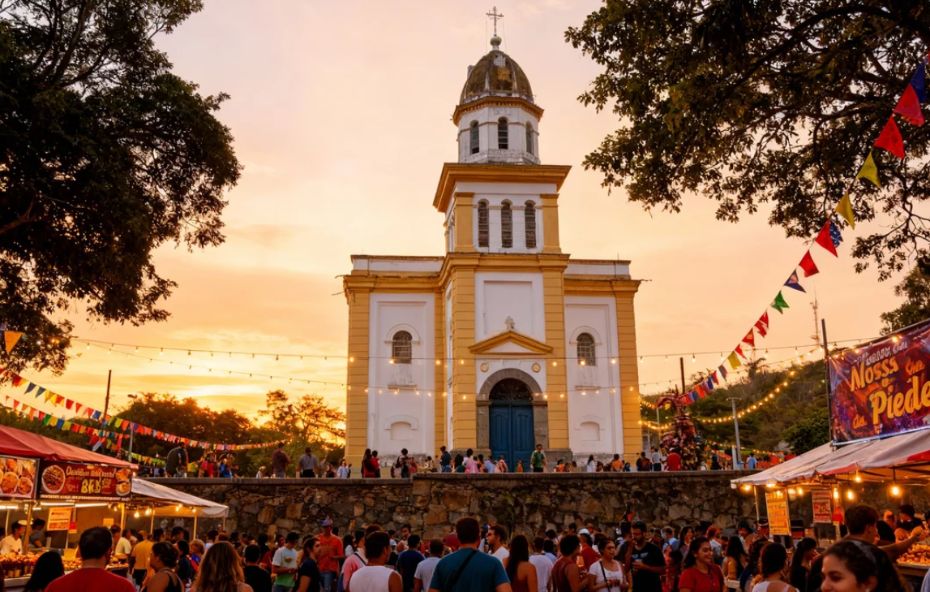 Fachada da Igreja de Nossa Senhora da Piedade em Ipiabas ao entardecer com uma torre amarela e branca centralizada sob um céu alaranjado enquanto uma multidão se reúne entre barracas de festa e bandeirolas coloridas.