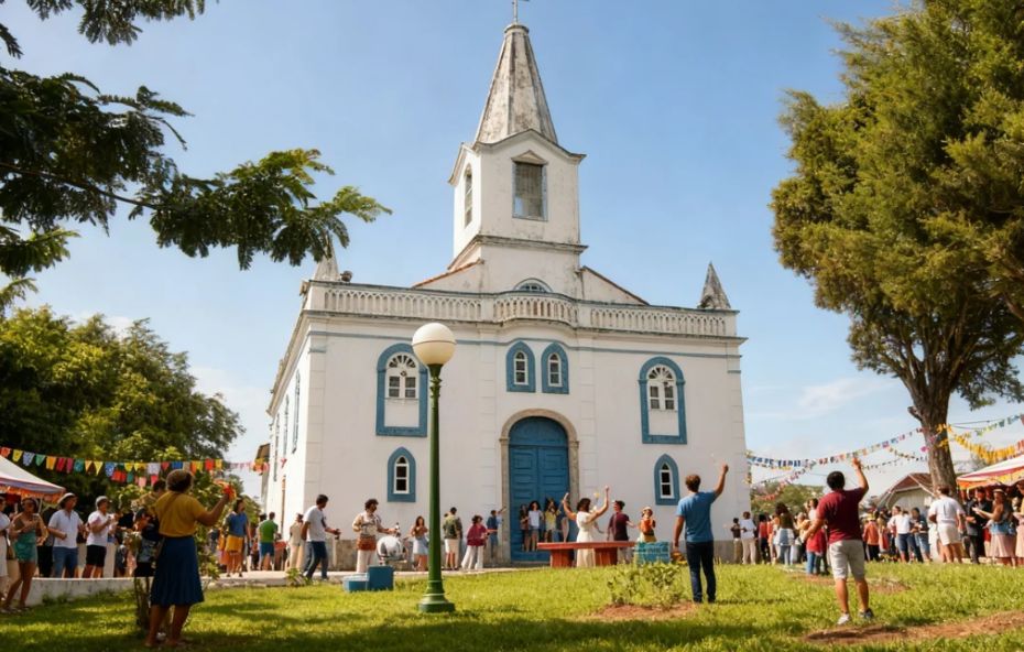 Fachada de uma igreja branca com detalhes em azul e uma torre central alta sob um céu azul claro com diversas pessoas reunidas no gramado em frente participando de atividades festivas e religiosas.