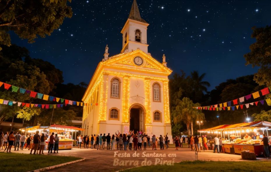 Fachada de uma igreja histórica branca iluminada por luzes douradas à noite com uma multidão de pessoas à frente e barracas de festa junina sob um céu estrelado.