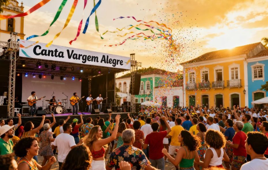 Público animado dançando em frente a um palco de grande porte com uma banda de músicos tocando violão e bateria sob uma chuva de confetes coloridos e fitas festivas ao entardecer com casarios históricos coloridos ao fundo.