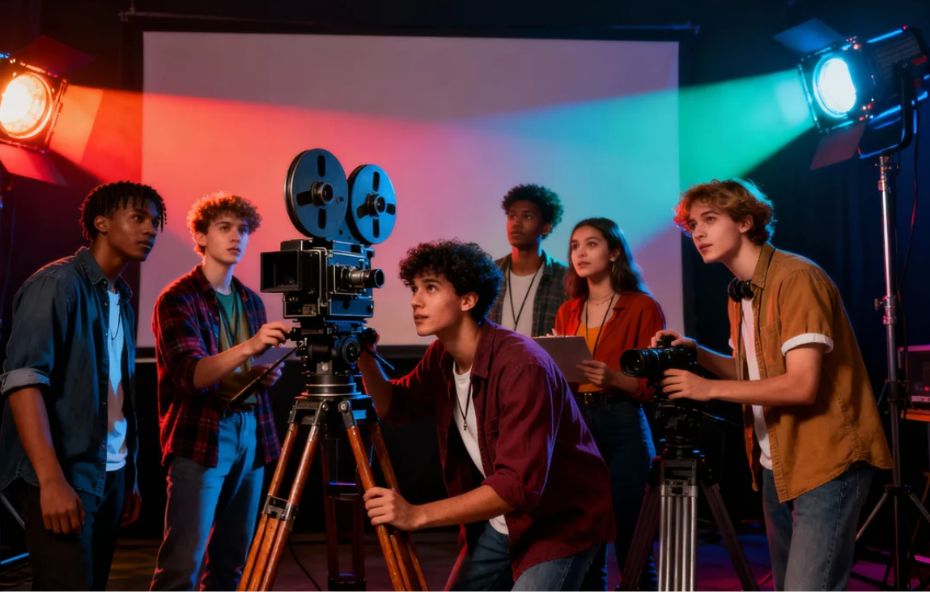 Um grupo de seis jovens estudantes de cinema operando uma câmera profissional antiga sobre um tripé em um estúdio iluminado por refletores com luzes coloridas em tons de azul e vermelho ao fundo.