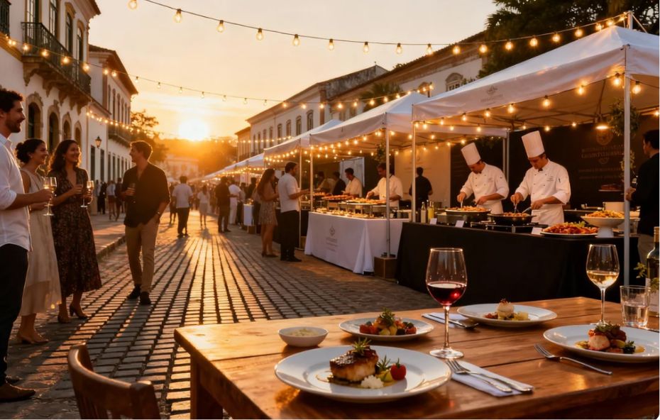 Uma rua de paralelepípedos ao entardecer com mesas postas em primeiro plano exibindo pratos sofisticados e taças de vinho enquanto chefs trabalham em barracas brancas iluminadas por varais de luzes ao fundo.