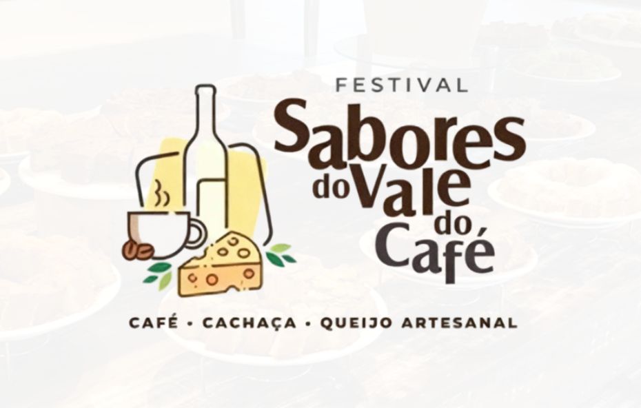 Logotipo do Festival Sabores do Vale do Café em letras marrons acompanhado por ilustrações de uma garrafa de cachaça uma xícara de café e um pedaço de queijo sobre um fundo claro.