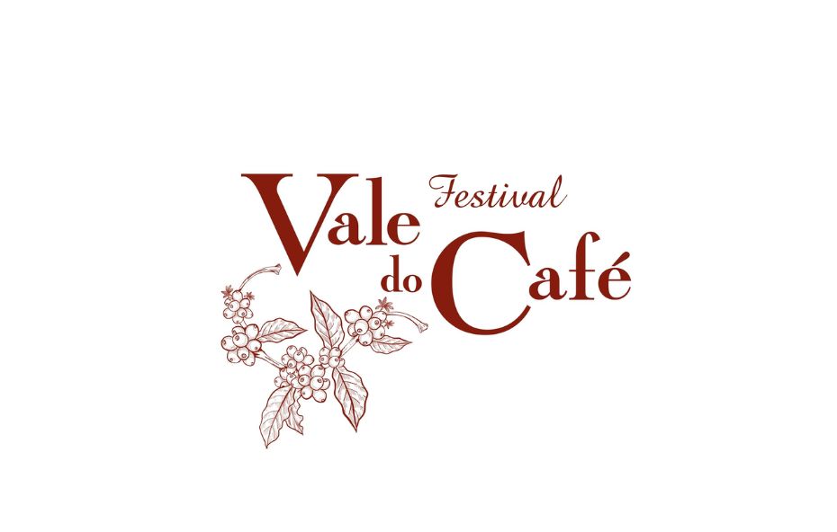 Logotipo do Festival Vale do Café em letras cursivas e clássicas de cor marrom acompanhado por um ramo detalhado de café com frutos e folhas sobre um fundo branco limpo.