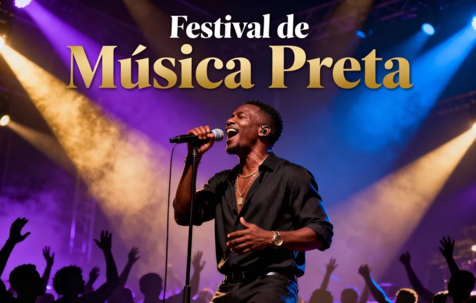 Cantor preto sorridente no centro do palco segurando um microfone sob luzes roxas e douradas com a plateia ao fundo.