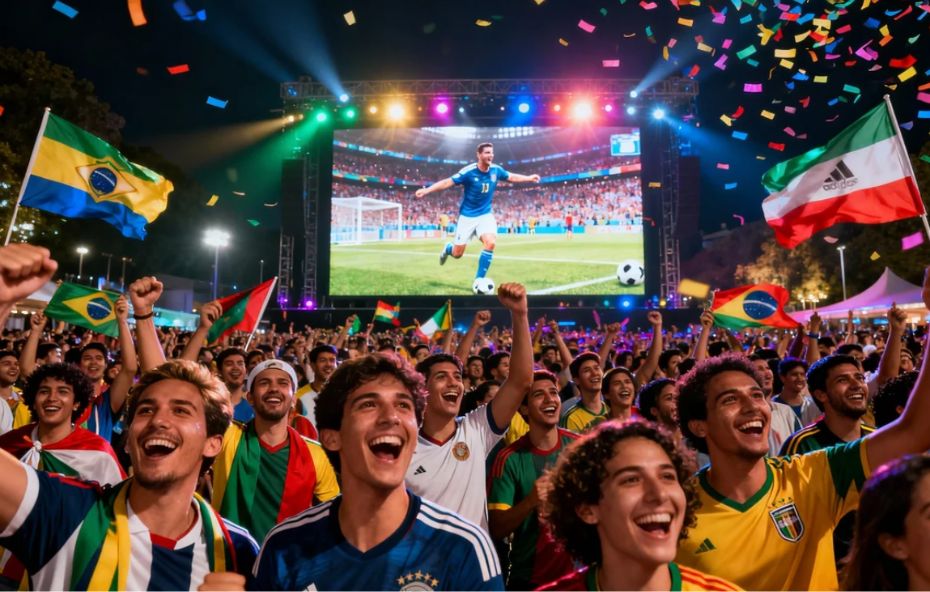 Multidão de torcedores alegres e jovens vestindo camisas de seleções e agitando bandeiras do Brasil em frente a um telão gigante que exibe um jogo de futebol durante a noite sob chuva de confetes coloridos.