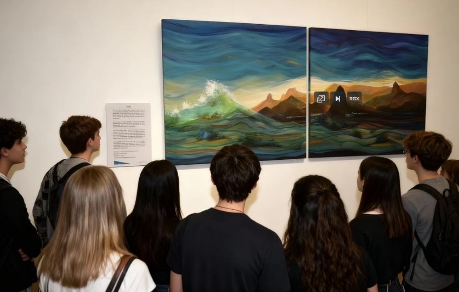 Fotografia de um grupo de jovens de costas observando uma pintura de arte contemporânea dividida em duas telas em uma galeria com paredes brancas e iluminação focada.