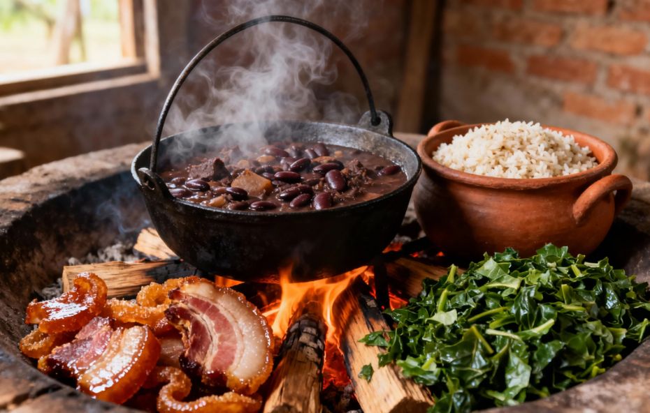Vista detalhada de um fogão a lenha com panelas de ferro e barro servindo feijoada fumegante, arroz branco soltinho, couve mineira picada e torresmo crocante em ambiente rústico.