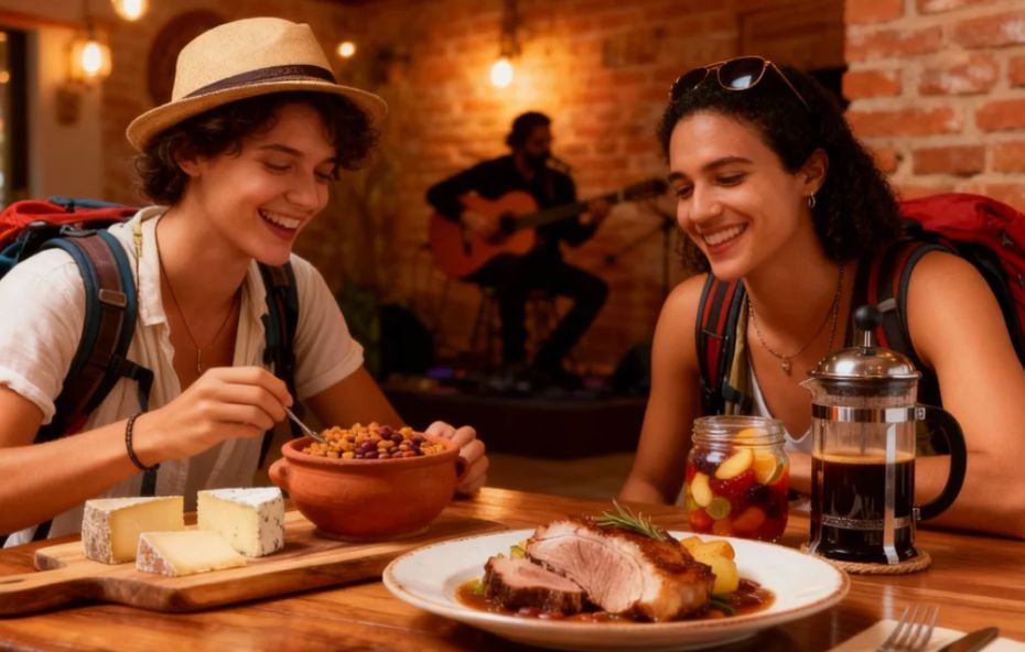 Duas pessoas jovens e sorridentes sentadas à mesa de um restaurante rústico, com pratos de comida típica, como lombo de porco e queijos artesanais. Ao fundo, um músico toca violão em um ambiente com paredes de tijolos aparentes e luz quente.