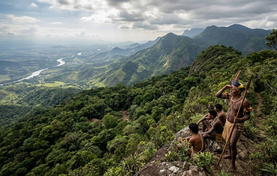 Um grupo de guerreiros indígenas está posicionado no topo de uma montanha rochosa e florestada na Serra do Mar, vigiando um vasto vale verdejante com um rio sinuoso abaixo, sob um céu nublado.