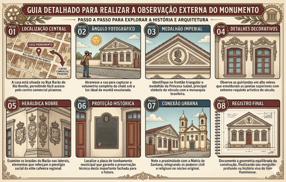 Infográfico com oito quadros ilustrados em tons de bege e azul que detalham os passos para observar a arquitetura imperial. Cada quadro contém um ícone numérico de um a oito acompanhado por ilustrações da fachada, detalhes de guirlandas, brasões e a localização urbana do monumento histórico.
