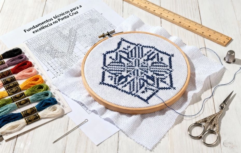 Um bastidor de madeira com bordado geométrico em linha azul marinho posicionado sobre um gráfico de papel com réguas e meadas coloridas ao lado.