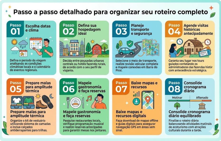 Um infográfico colorido com fundo verde-água claro, apresentando oito painéis numerados de 01 a 08 em duas linhas. O título principal no topo diz "Passo a passo detalhado para organizar seu roteiro completo". Cada painel possui um ícone ilustrativo, um subtítulo curto e um parágrafo descritivo em português, detalhando etapas como escolher datas, definir hospedagem, planejar transporte, agendar visitas históricas, preparar malas, mapear gastronomia, baixar mapas offline e consolidar o cronograma diário.