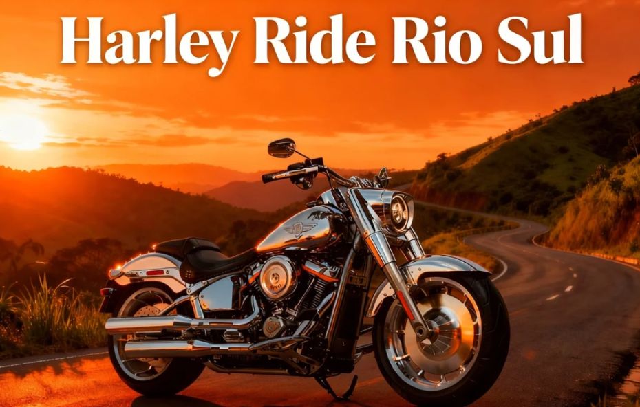 Fileira de motocicletas Harley Davidson estacionadas em uma rua arborizada de Ipiabas com motociclistas ao fundo.