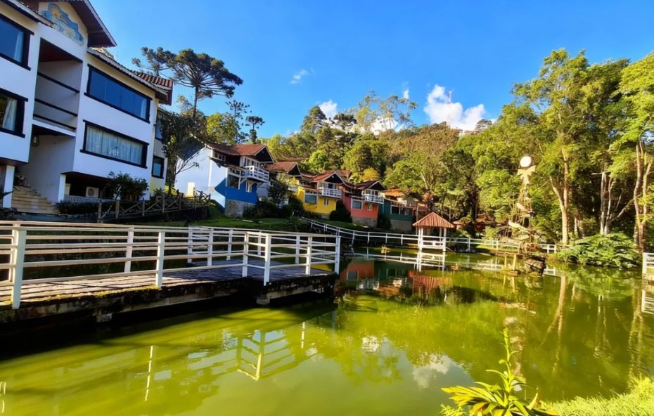 Fotografia de chalés coloridos construídos em uma encosta gramada diante de um lago de águas esverdeadas com um deck de madeira branca em primeiro plano sob um céu azul ensolarado com árvores ao fundo.
