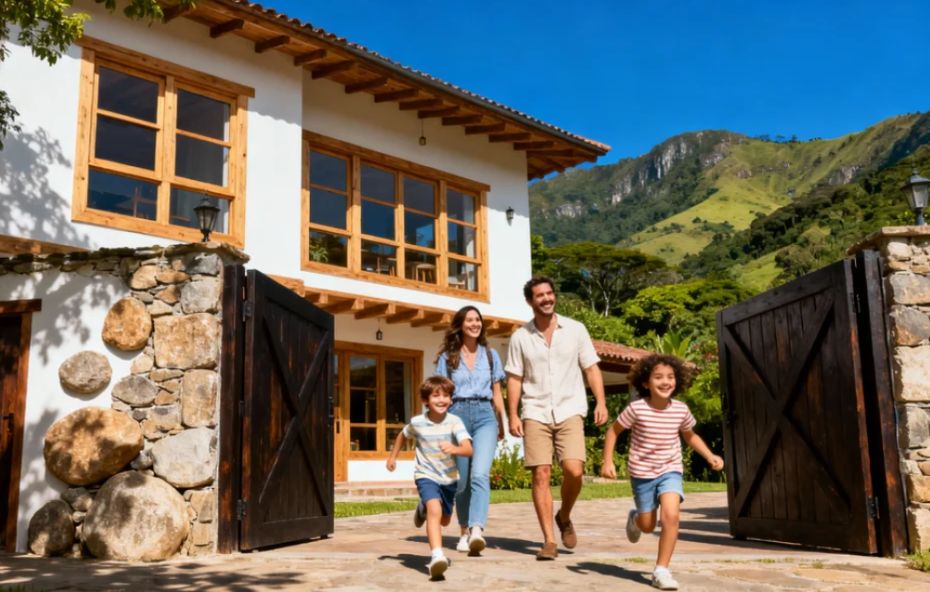Uma família composta por um casal e duas crianças sorridentes saindo de uma casa de campo de arquitetura colonial com paredes brancas e janelas de madeira. Ao fundo, uma montanha verde sob céu azul claro.
