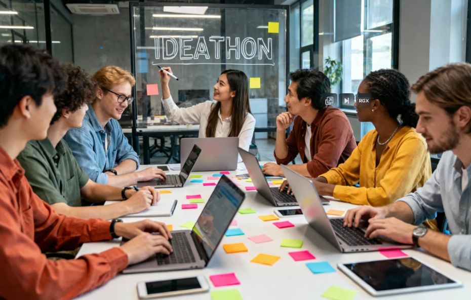 Grupo diversificado de jovens profissionais sentados ao redor de uma mesa branca repleta de laptops e notas adesivas coloridas enquanto uma mulher ao fundo escreve a palavra Ideathon em um painel de vidro transparente.