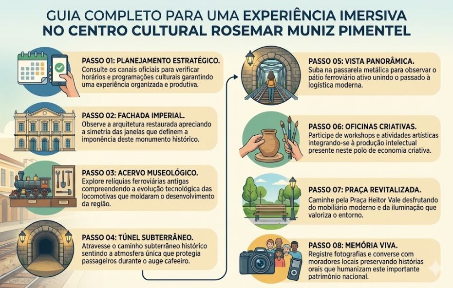Infográfico vertical organizado em duas colunas com oito etapas numeradas que orientam a visita ao centro cultural. Cada etapa contém um ícone ilustrativo circular e um bloco de texto explicativo sobre planejamento, fachada histórica, acervo de locomotivas, túnel subterrâneo, passarela panorâmica, oficinas de arte, praça revitalizada e memória oral. O design utiliza tons pastéis e uma linha conectora que guia o olhar do início ao fim do percurso.