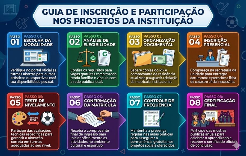 Infográfico educativo com oito etapas numeradas detalhando o processo de matrícula no Centro Cultural Aracy Carvalho Di Biase, apresentando ícones coloridos e textos explicativos.