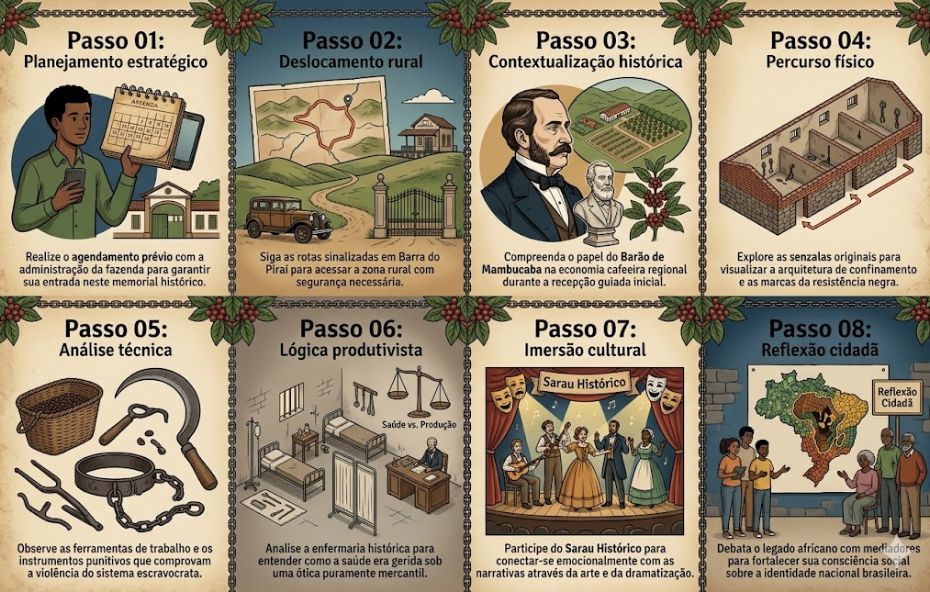 Infográfico ilustrado com oito quadros numerados detalhando o passo a passo para a visitação histórica na Fazenda Ponte Alta.