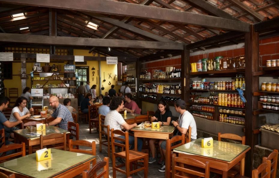 Amplo salão de restaurante com teto rústico de vigas de madeira expostas e telhas de barro, mesas quadradas de madeira numeradas e prateleiras laterais com diversos produtos artesanais e garrafas.