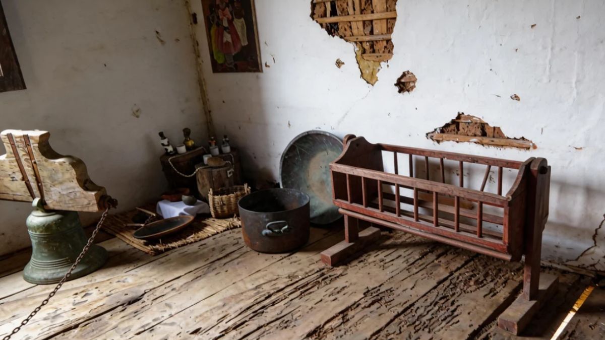 Sala com piso de tábuas largas contendo um berço de madeira, tachos de cobre, um sino e objetos culturais africanos.