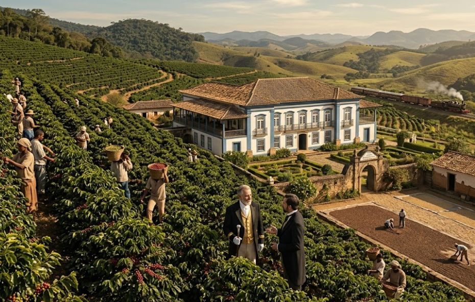 Fazenda cafeeira em Ipiabas com trabalhadores na colheita, casarão colonial ao centro e ferrovia ao fundo entre colinas verdes