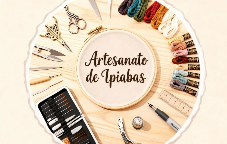 Um bastidor de madeira central com a frase Artesanato de Ipiabas cercado por linhas coloridas tesouras agulhas e ferramentas de bordado organizadas em círculo.