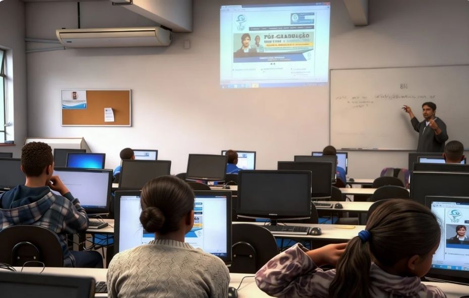 Fotografia de uma sala de aula de informática com diversos alunos sentados em frente a monitores de computador enquanto um instrutor aponta para um quadro branco ao lado de uma projeção na parede.