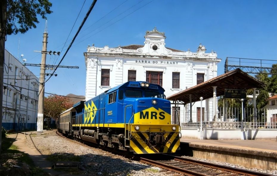 Fotografia de uma locomotiva azul e amarela da MRS Logística passando pelos trilhos em frente ao prédio histórico branco do centro cultural sob um céu limpo.