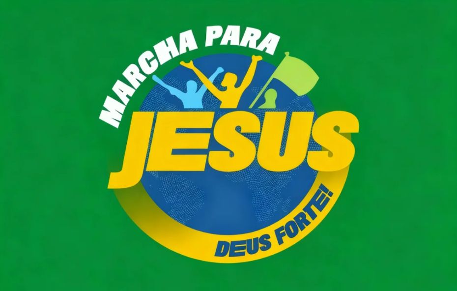 Logotipo da Marcha Para Jesus com silhuetas de pessoas celebrando sobre um globo terrestre azul e fundo verde vibrante.
