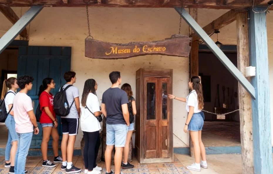 Fotografia de um grupo de jovens estudantes em pé, de costas, ouvindo uma mediadora que aponta para um armário de madeira antigo na entrada de uma construção histórica, sob uma placa de madeira com o nome Museu do Escravo.