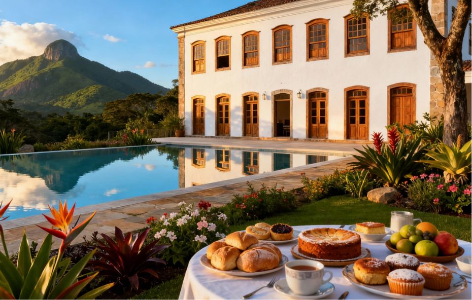 Mesa de café da manhã farta em primeiro plano com pães e bolos artesanais à beira de uma piscina de borda infinita que reflete um casarão de arquitetura colonial branca com janelas de madeira sob um céu azul e montanhas ao fundo.