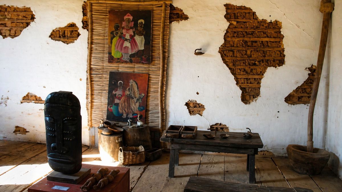 Parede de pau a pique desgastada com quadros de temática africana, esculturas de madeira, mesa rústica e pilão em ambiente histórico.