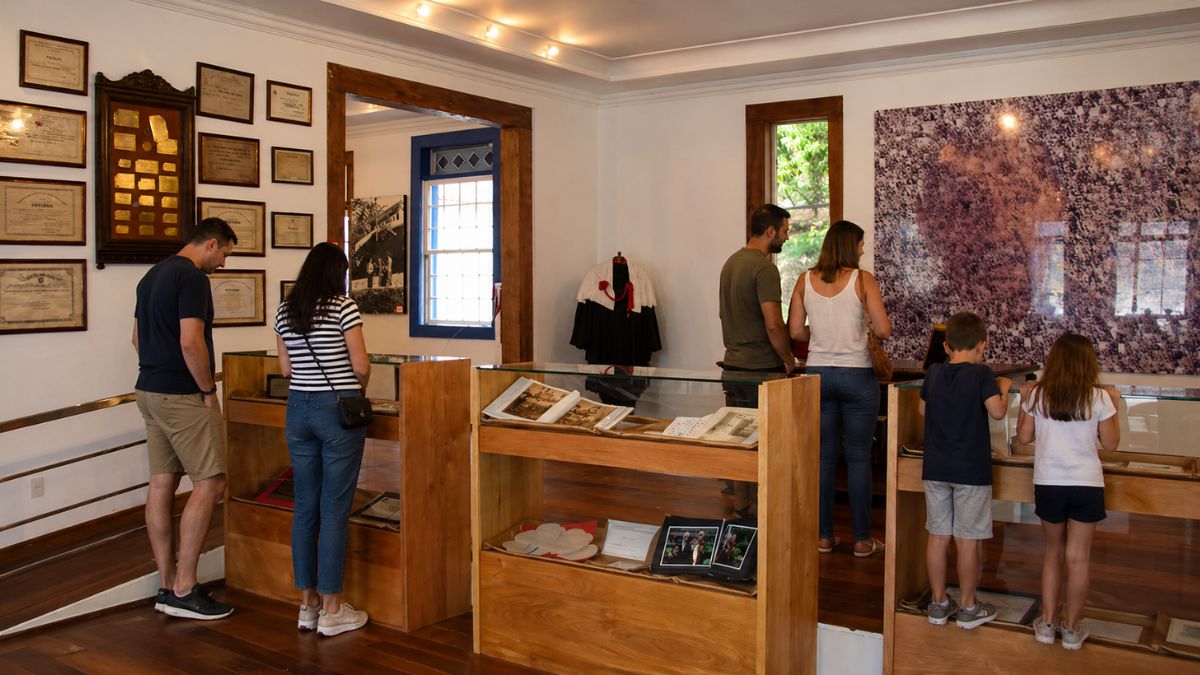 Visitantes de diferentes idades observam vitrines de madeira e quadros com diplomas e fotos no Memorial Geraldo Di Biase, espaço cultural climatizado com piso de madeira.