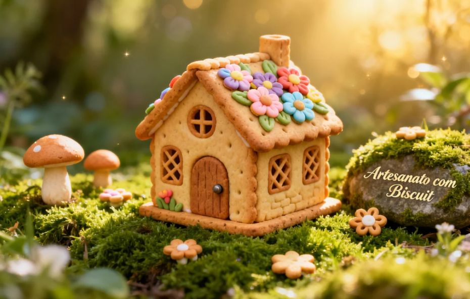 Escultura detalhada de uma pequena casa feita de biscuit com telhado floral colorida sobre musgo verde com cogumelos e iluminação solar suave.