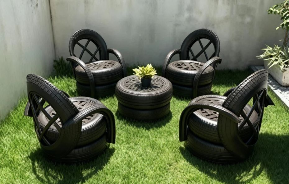 Conjunto de quatro poltronas pretas com encosto decorativo em formato de X e uma mesa central circular fabricadas com pneus reciclados em um jardim gramado.