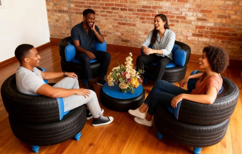 Quatro pessoas sentadas em poltronas circulares feitas de pneus pretos com estofamento azul vibrante e pés de madeira azul dispostas em uma sala com piso de madeira e parede de tijolos aparentes.