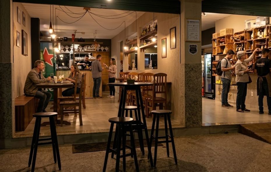 Uma fotografia noturna capturada de fora mostra a fachada aberta do Pandiá Armazém Gourmet e Bar em Barra do Piraí. A cena é emoldurada por duas grandes arcadas. No exterior, há mesas altas com bancos de madeira escura. No interior, clientes estão sentados a mesas de madeira e ao balcão do bar, enquanto outros browsam prateleiras de produtos artesanais em um ambiente com iluminação quente.